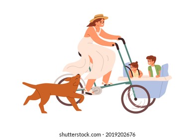 Happy mother riding cargo bicycle with children in carriage. Mom cycling bunch bike with kids while dog running nearby. Flat vector illustration of parent cyclist and pet isolated on white background