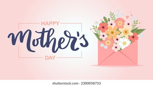 Happy mother s day card. Envelope with flowers and hand drawn lettering. Greeting card template, cute vector illustration