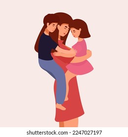 Happy Mother s Day Greeting Card. Vector Illustration Of Mother Holding Baby Son and daughter In Arms