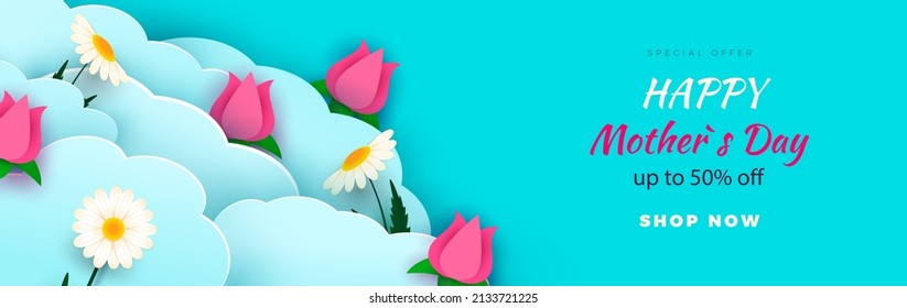 Happy Mother s Day sale header or voucher template. Roses, daisies and paper-cut clouds. Horizontal banner with blue sky and flowers.Discounts for the holiday Vector illustration