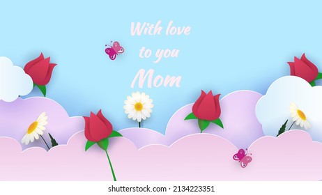 Happy Mother s Day sale header or voucher template. Roses, daisies and paper-cut clouds. Horizontal banner with blue sky and flowers. Congratulatory text. Vector