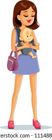 Happy Mother Smiling with Baby in Sling Vector Illustration. Maternal love concept illustration
