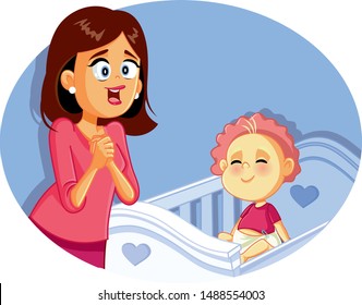 Happy Mother with Smiling Baby Vector Illustration. Joyful mama watching over her adorable newborn child
