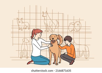 Happy Mother And Son Caress Dog Adopt Animal From Shelter. Smiling Mom And Child Take Pet From Animal Center For Homeless Dogs. Puppy Adoption. Vector Illustration. 