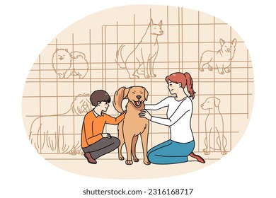 Happy mother and son caress dog adopt animal from shelter. Smiling mom and child take pet from animal center for homeless dogs. Puppy adoption. Vector illustration.