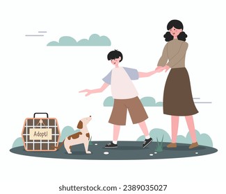 Happy mother and son caress dog adopt animal from shelter. Smiling mom and child take pet from animal center for homeless dogs. Puppy adoption. Vector illustration.