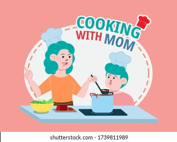 Mamá feliz con un hijo cocinando en la cocina de casa. Cocina con el concepto de madre. Ilustración vectorial de dibujos animados en estilo plano.