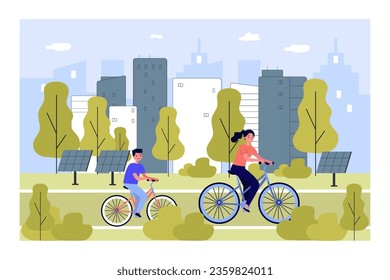 Feliz ciclismo de madre e hijo en parque con paneles solares. Paisaje con infraestructura urbana verde, ilustración de vectores de transporte amigable con el medio ambiente por parte de mujeres y niños. Ecología, concepto de sostenibilidad