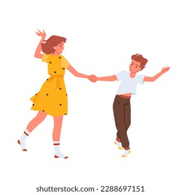 Happy mother and son dancing vector illustration. Cartoon isolated young woman in dress holding little boys hand to dance and enjoy fun movement, parent and adorable child at family home party