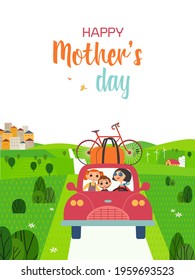 Happy mother, son, daughter enjoy travelling cute cartoon illustration. Mothers day vector poster. Family leisure fun outdoor activity. Mom, kid boy, girl together Holiday greeting card background