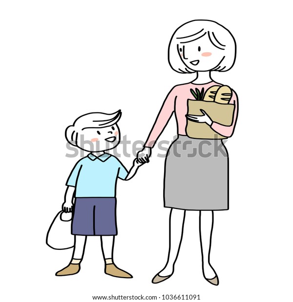 Happy Mother Son Doing Grocery Shopping Stock Vector Royalty Free