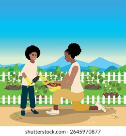 Happy mother and son eat strawberries grown in the vegetable garden near the house. Growing vegetables and berries at home on a balcony or windowsill. Vector illustration.