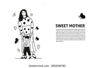 happy mother and son hand drawn illustration