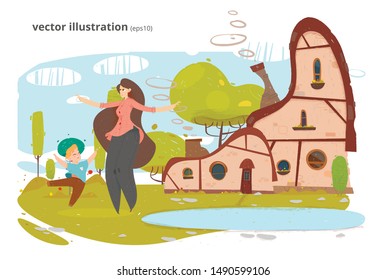 Happy Mother and Son Having Fun, Rest and Playing in Yard. Craft Family. Village Traditional Stone Houses with Garden around and Lake. Trendy Flat Style. Fantasy Scene. Vector Illustration EPS10