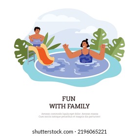 Happy mother with son having fun together in swimming pool flat style, vector illustration isolated on white background. Family holiday, outdoor, place for text