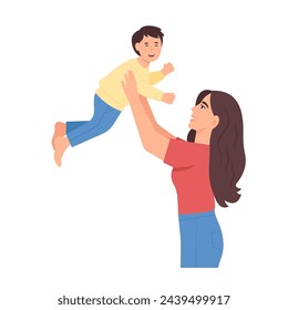 Happy mother with son. Mom lifting up her child. Vector illustration on white background