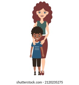 Happy mother with son outside smiling. Family outdoors having fun in the summer. Vector flat cartoon style. Isolated object on a white background. Trend colors.