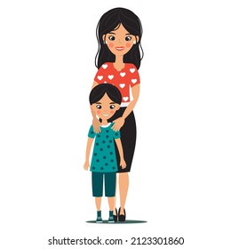 Happy mother with son outside smiling. Family outdoors having fun in the summer. Attractive  woman. Vector flat cartoon style. Isolated object on a white background. Trend  colors.