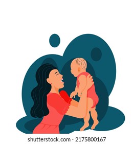 Happy Mother and son playing together.Young Mum holding her cute baby in her arms.Smiling mum hug son on white background.Vector isolate flat design of Happy Mother's Day.Modern maternity illustration
