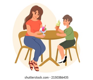 Happy mother and son are sitting at the table and eating ice cream in a cafe. Good relationship between parent and child. Happy moments together. Vector illustration