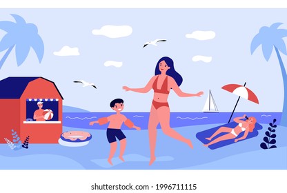 Happy mother and son in swimsuits on beach. Parent and kid having fun together at summer flat vector illustration. Vacation, family trip, travel concept for banner, website design or landing web page