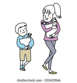 Happy mother and son together shopping for groceries. Mom and son holding grocery bags. Vector illustration.