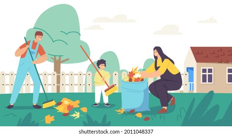 Fröhliche Mutter und Sons Garden Clean Up funktioniert. Familiencharakter reinigen Hinterhof mit Spaß zusammen und sammeln gefallene Herbstblätter. Wachsende Garderobe-Reinigung. Vektorgrafik von Cartoon People