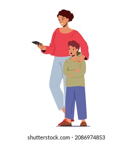Happy Mother Spend Time with Son, Mom with Smartphone Put Hand on Child Shoulder Isolated on White Background. Family Characters Mommy and Son Spend Time Together. Cartoon People Vector Illustration