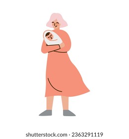 Happy Mother Standing Hold Newborn Kid Vector Illustration