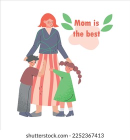 Happy Mother Standing with Kid Embracing Her Vector Illustration