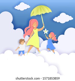 Happy mother with two kids walking along fluffy clouds and holding umbrella, vector illustration in paper art craft style. Happy Mothers Day greeting card template.