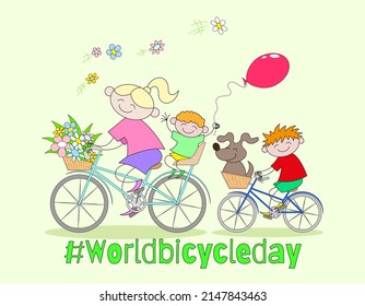 Happy mother with two sons and a pet on a bike ride for World Bicycle Day
