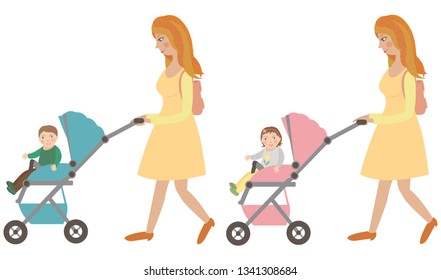 Happy mother walk with baby carriage. Baby sit in pram. Vector illustration on isolated background.