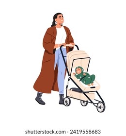 Happy mother walking with baby sleeping in pram. Smiling mom strolling with infant in stroller, pushchair. Mum and newborn kid asleep. Flat graphic vector illustration isolated on white background