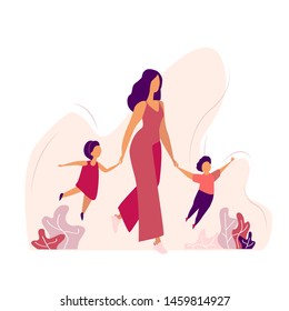 Happy mother walking with her children. Happy family concept. Flat vector illustration