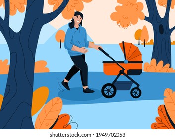 Happy mother walking with newborn baby in stroller at city park. Woman takes care of child. Family, happy motherhood, childhood concept. Vector character illustration isolated on white background