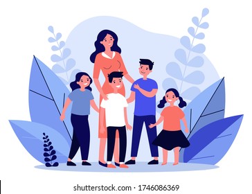 Happy mother walking with several children. Boy, girl, kid, siblings flat vector illustration. Big family, motherhood concept for banner, website design or landing web page