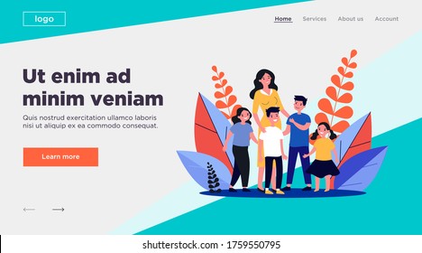 Happy mother walking with several children. Boy, girl, kid, siblings flat vector illustration. Big family, motherhood concept for banner, website design or landing web page