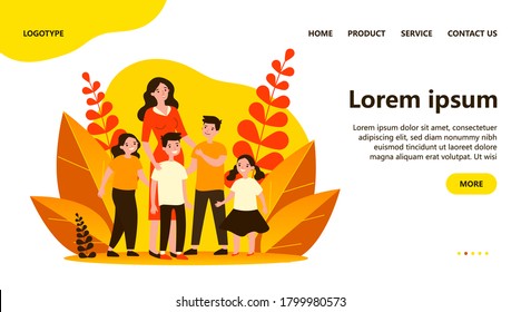 Happy mother walking with several children. Boy, girl, kid, siblings flat vector illustration. Big family, motherhood concept for banner, website design or landing web page