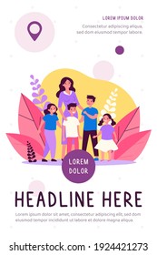 Happy mother walking with several children. Boy, girl, kid, siblings flat vector illustration. Big family, motherhood concept for banner, website design or landing web page