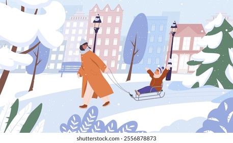 Happy mother in winter wear ride small son on sled outdoors. Smiling young mom in outerwear relax play with boy child on winter weekend. Family relaxation concept. Flat cartoon vector illustration.