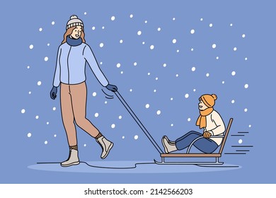 Happy mother in winterwear ride small son on sled outdoors. Smiling young mom in outerwear relax play with boy child on winter weekend. Family relaxation concept. Vector illustration. 