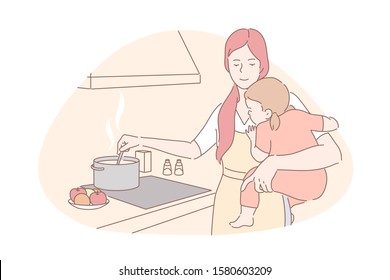 Happy motherhood, babysitting, housework concept. Young mother with little daughter cooking food, smiling woman with toddler on kitchen, professional nanny, housewife chores. Simple flat vector