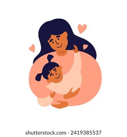 Happy motherhood, childhood, care vector illustration. Maternity love concept. Mom cuddling carrying daughter. Young woman holding baby girl in hands. Mother hugging child, playing. Mother's day card