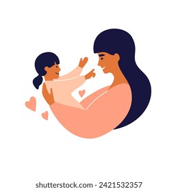 Feliz maternidad, niñez, cuidado de ilustraciones vectoriales. Amor al corazón de la maternidad. Mamá acurrucada cargando a su hija. Mujer joven sosteniendo a una niña en la mano. Madre abrazando a su hijo, jugando. Tarjeta del día de la madre