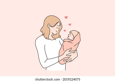 Happy Motherhood And Childhood Concept. Young And Happy Mom Mother Woman Cartoon Character Standing Holding Her Baby Little Newborn Son Or Daughter Vector Illustration