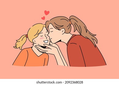 Feliz concepto de maternidad y niñez. Mujer joven amante besando a su hija pequeña sintiendo amor y cuidado ilustración vectorial 