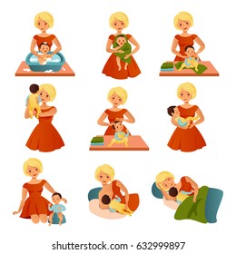 Happy motherhood collection with cheerful mother in red dress taking care of her son in different situations isolated vector illustration 