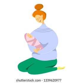 Happy motherhood concept. Mother with her baby in hands. Vector illustration of mom and her child.