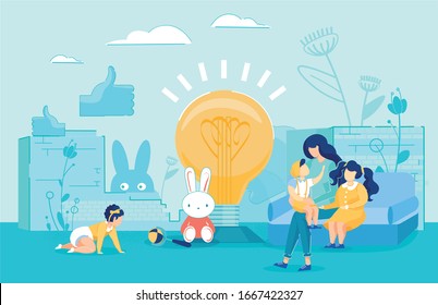 Happy Motherhood Experience Vector Illustration. Mommy Playing With Children, Toddler And Teen Cartoon Character. Babysitting Services Concept. Kids Early Development Center Metaphor